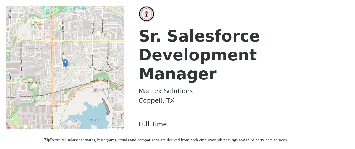 Mantek Solutions Inc. job posting for a Sr. Salesforce Development Manager in Coppell, TX with a salary of $76,700 to $129,100 Yearly with a map of Coppell location.