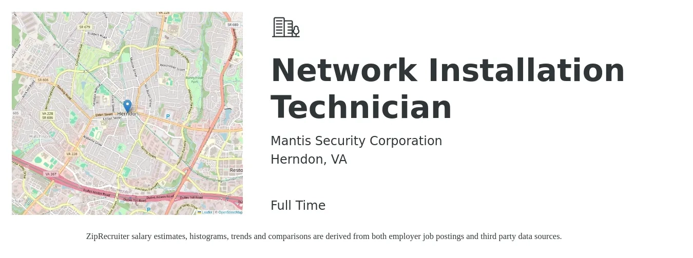 Mantis Security Corporation job posting for a Network Installation Technician in Herndon, VA with a salary of $24 to $31 Hourly with a map of Herndon location.