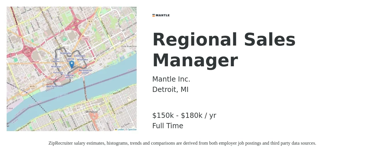 Mantle Inc. job posting for a Regional Sales Manager in Detroit, MI with a salary of $150,000 to $180,000 Yearly with a map of Detroit location.