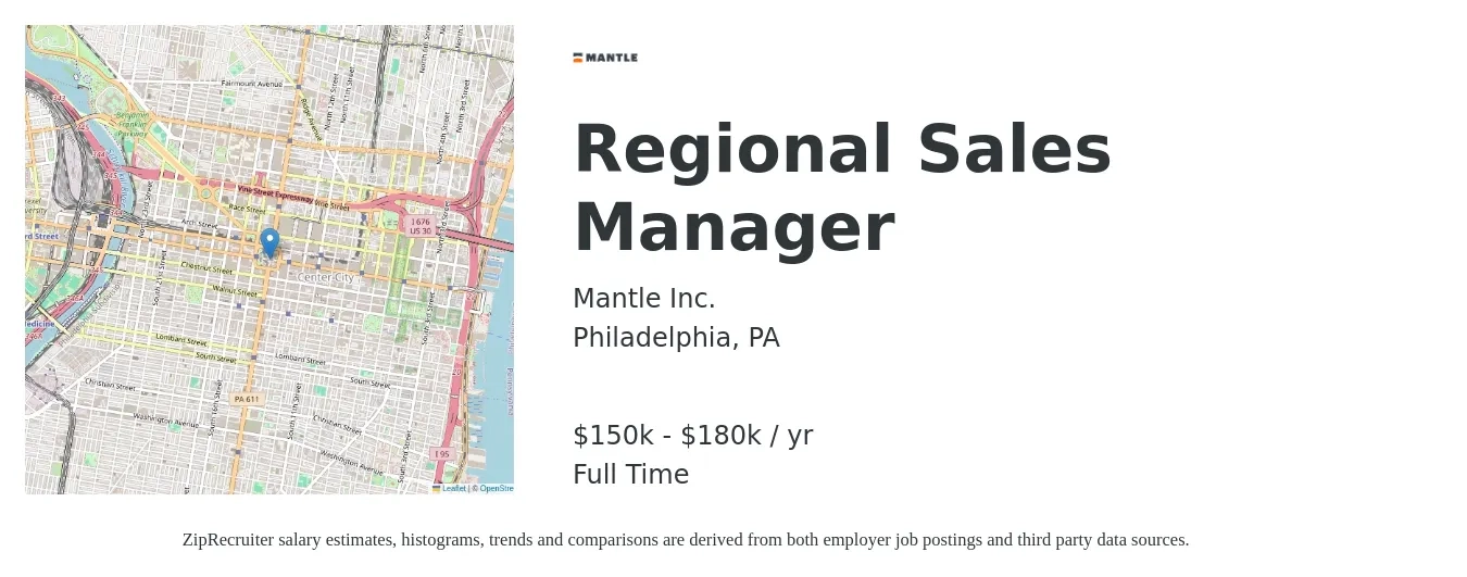 Mantle Inc. job posting for a Regional Sales Manager in Philadelphia, PA with a salary of $150,000 to $180,000 Yearly with a map of Philadelphia location.