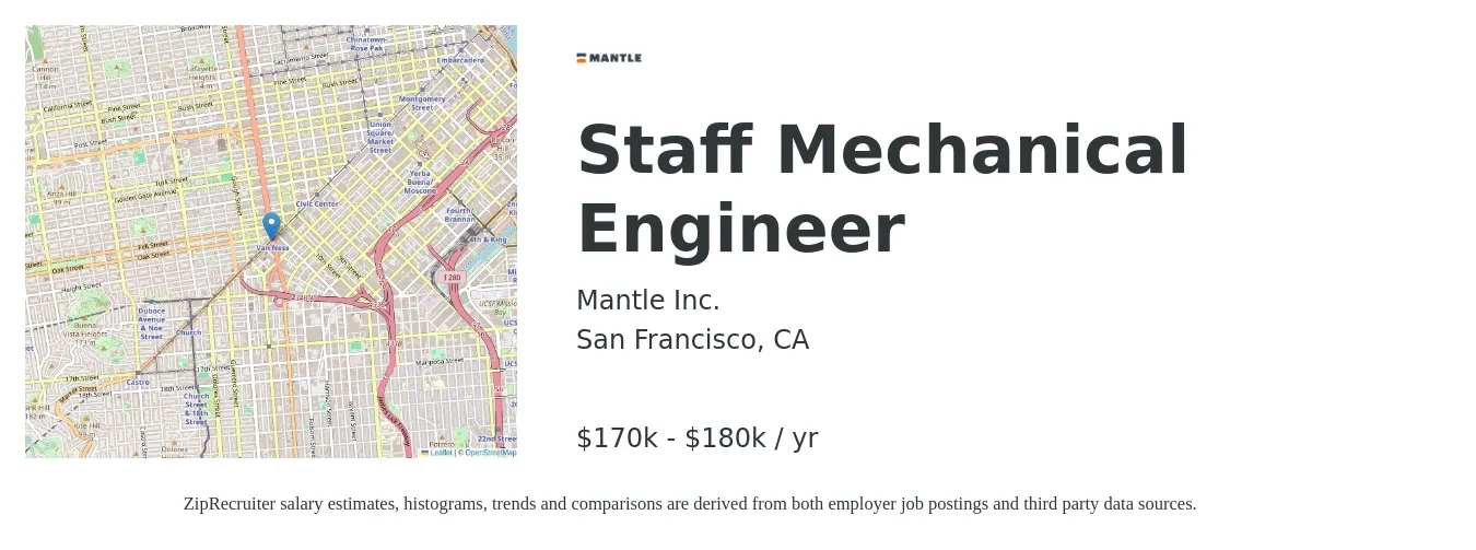 Mantle Inc. job posting for a Staff Mechanical Engineer in San Francisco, CA with a salary of $170,000 to $180,000 Yearly with a map of San Francisco location.