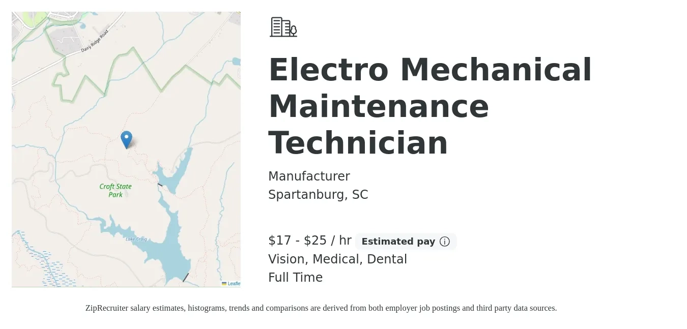 Manufacturer job posting for a Electro Mechanical Maintenance Technician in Spartanburg, SC with a salary of $18 to $27 Hourly and benefits including vision, dental, life_insurance, medical, pto, and retirement with a map of Spartanburg location.