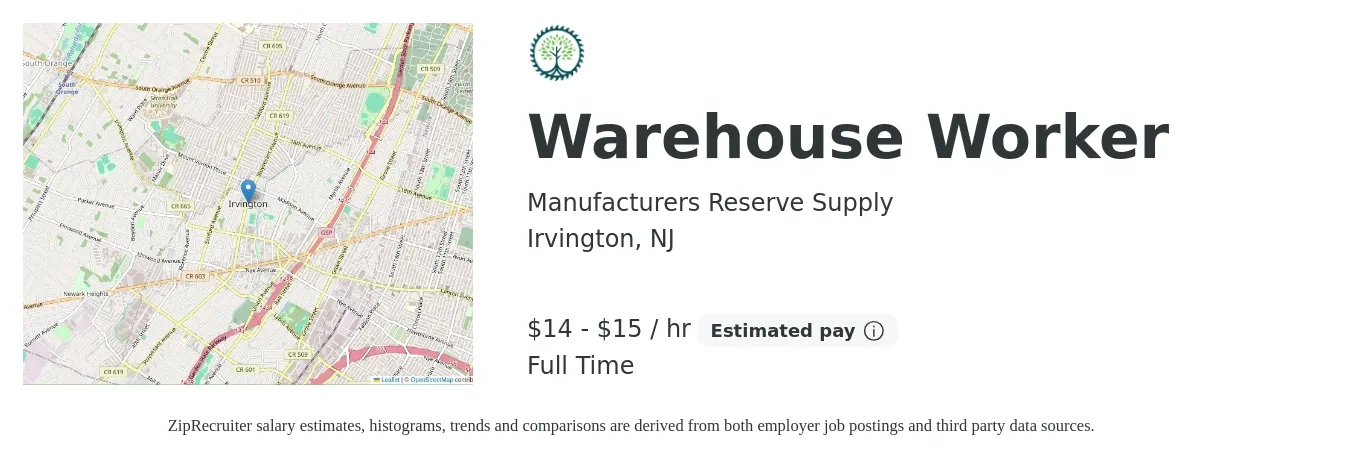 Manufacturers Reserve Supply job posting for a Warehouse Worker in Irvington, NJ with a salary of $15 to $16 Hourly with a map of Irvington location.
