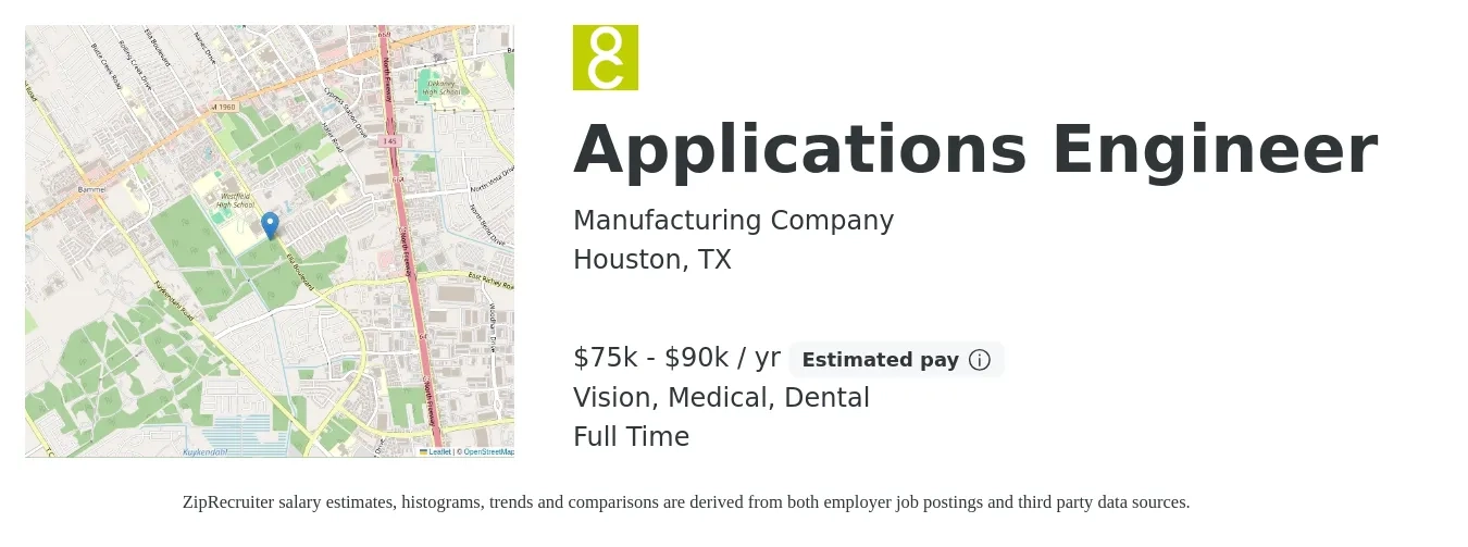 Manufacturing Company job posting for a Applications Engineer in Houston, TX with a salary of $75,000 to $90,000 Yearly and benefits including vision, dental, medical, and retirement with a map of Houston location.