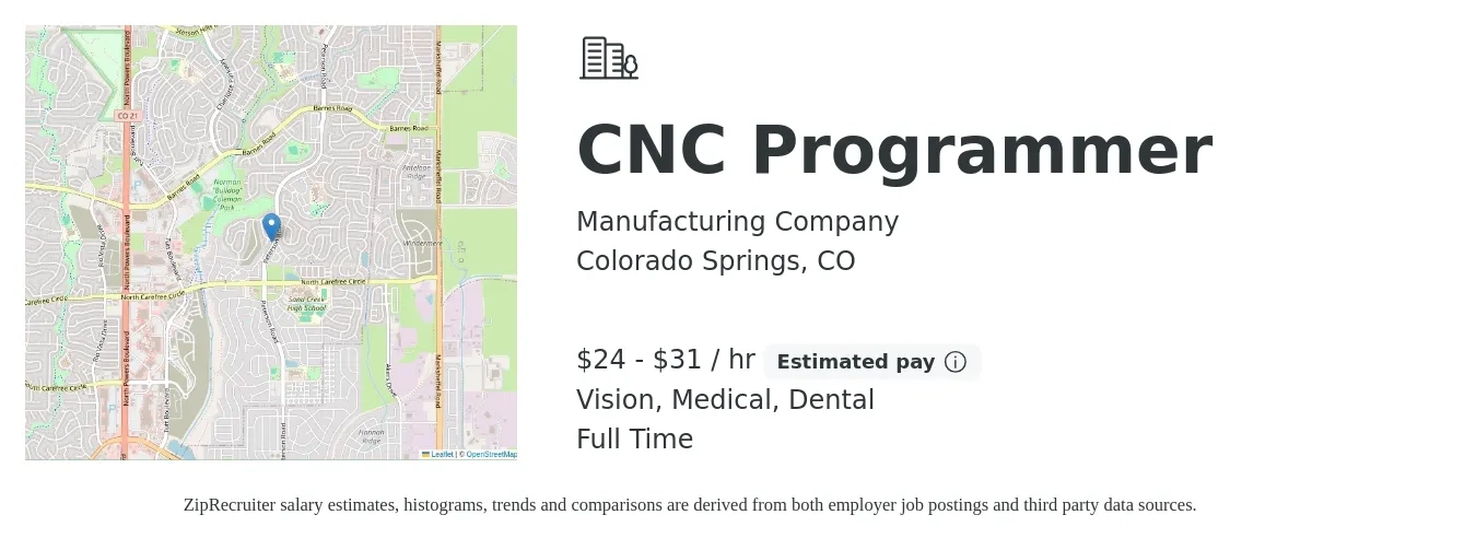 Manufacturing Company job posting for a CNC Programmer in Colorado Springs, CO with a salary of $25 to $33 Hourly and benefits including dental, life_insurance, medical, pto, retirement, and vision with a map of Colorado Springs location.