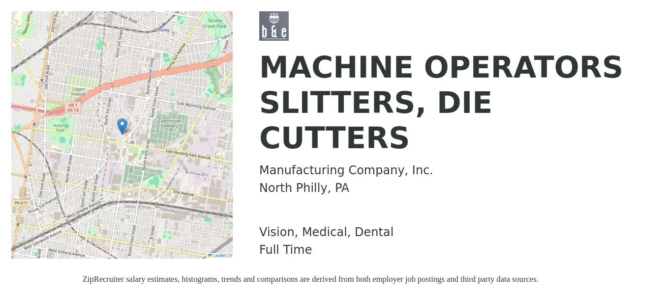 Manufacturing Company, Inc. job posting for a MACHINE OPERATORS SLITTERS, DIE CUTTERS in North Philly, PA with a salary of $16 to $19 Hourly and benefits including life_insurance, medical, retirement, vision, and dental with a map of North Philly location.