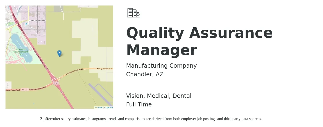 Manufacturing Company job posting for a Quality Assurance Manager in Chandler, AZ with a salary of $90,000 to $105,000 Yearly and benefits including life_insurance, medical, retirement, vision, and dental with a map of Chandler location.
