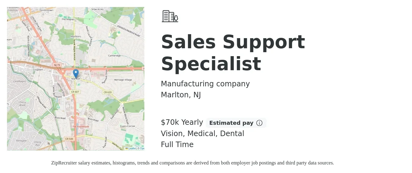 Manufacturing company job posting for a Sales Support Specialist in Marlton, NJ with a salary of $70,000 Yearly and benefits including medical, vision, dental, and life_insurance with a map of Marlton location.