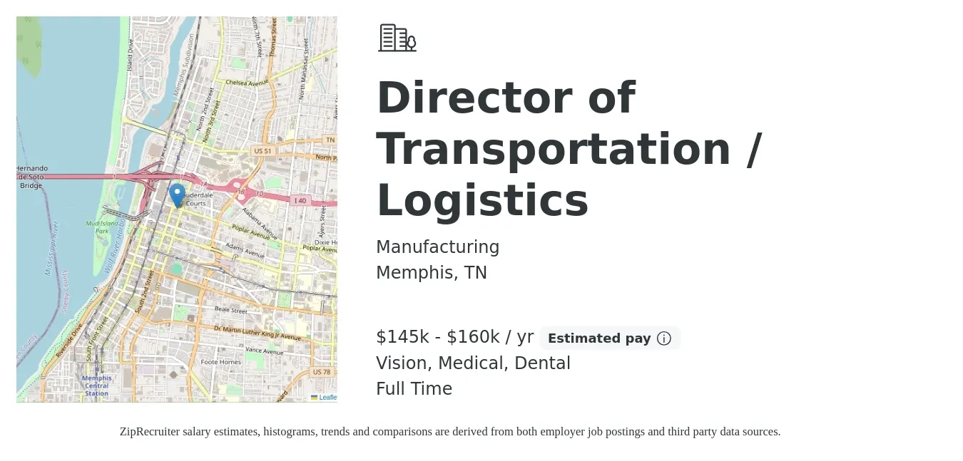 Manufacturing job posting for a Director of Transportation / Logistics in Memphis, TN with a salary of $145,000 to $160,000 Yearly and benefits including dental, life_insurance, medical, pto, and vision with a map of Memphis location.