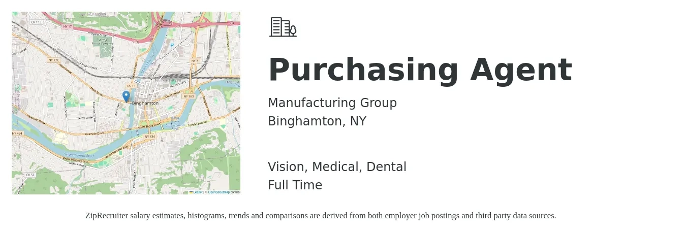 Manufacturing Group job posting for a Purchasing Agent in Binghamton, NY with a salary of $41,200 to $57,500 Yearly and benefits including pto, retirement, vision, dental, life_insurance, and medical with a map of Binghamton location.