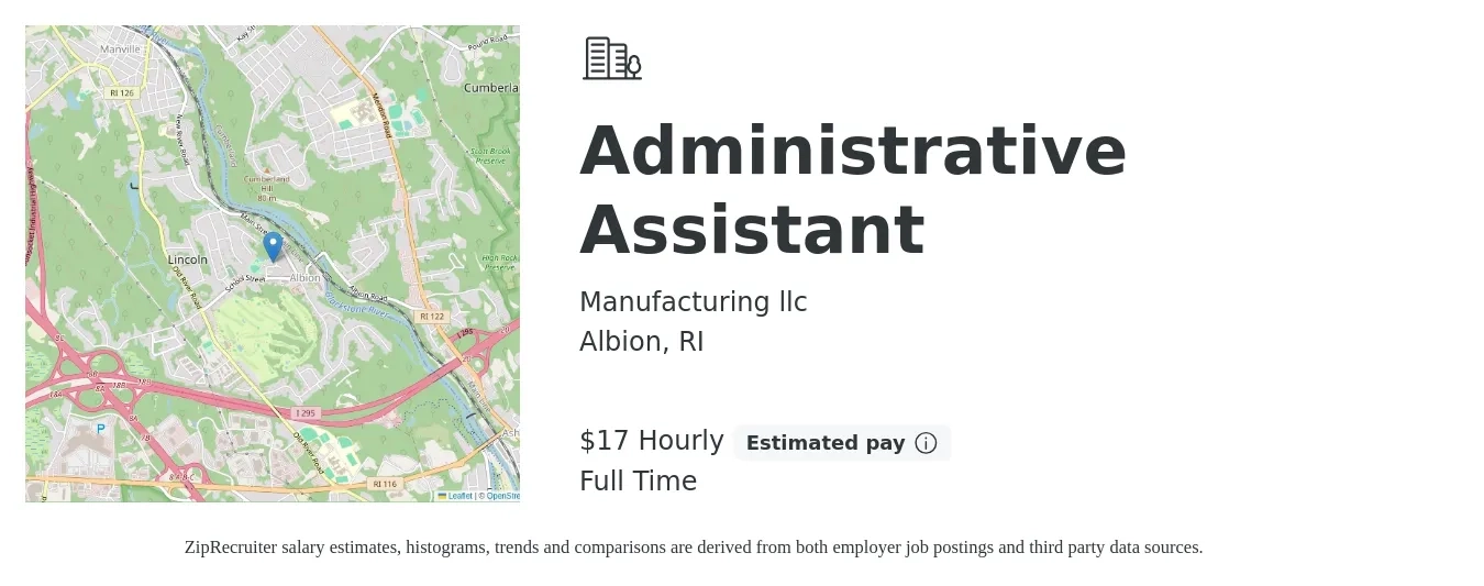 Manufacturing llc job posting for a Administrative Assistant in Albion, RI with a salary of $18 Hourly with a map of Albion location.