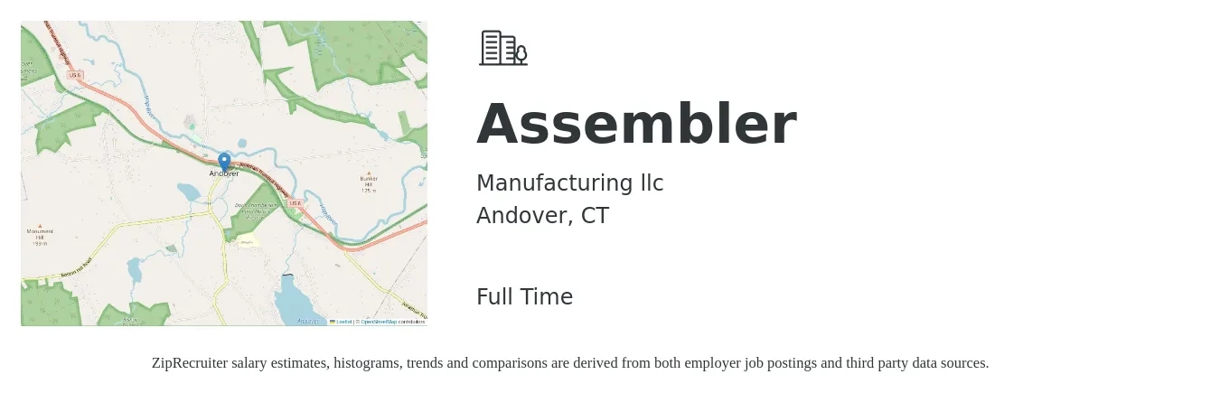 Manufacturing llc job posting for a Assembler in Andover, CT with a salary of $18 Hourly with a map of Andover location.