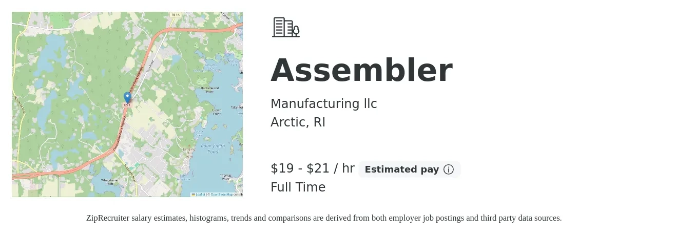 Manufacturing llc job posting for a Assembler in Arctic, RI with a salary of $20 to $23 Hourly with a map of Arctic location.