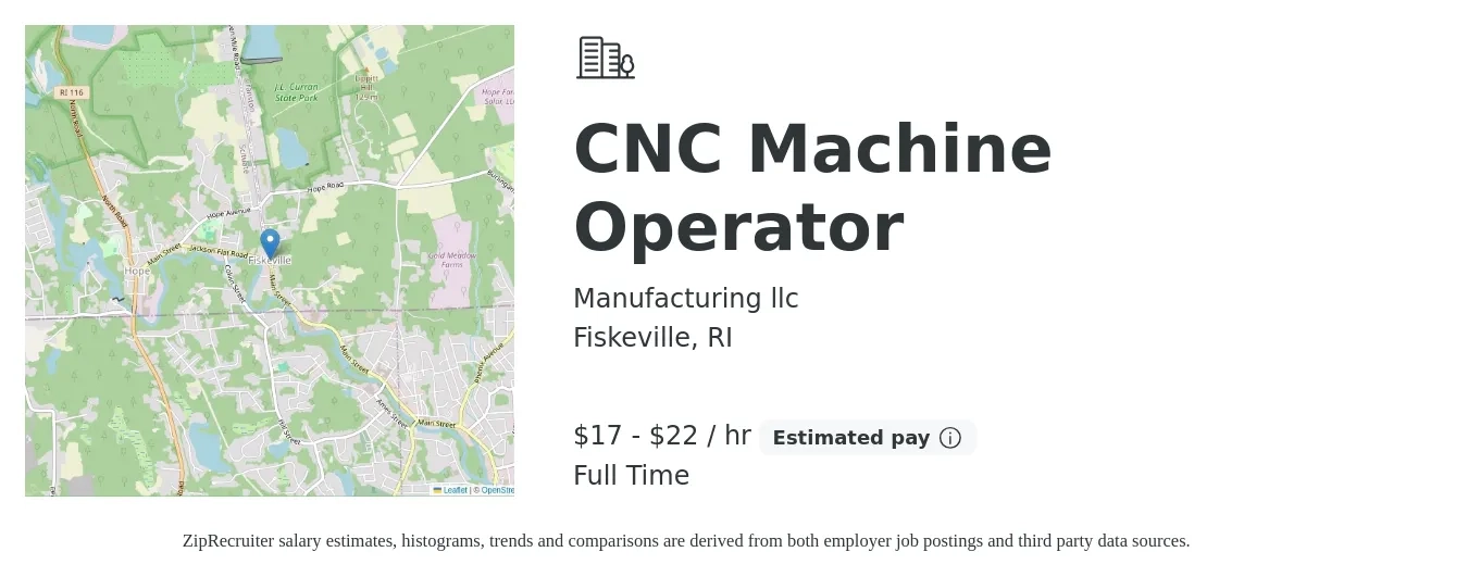 Manufacturing llc job posting for a CNC Machine Operator in Fiskeville, RI with a salary of $18 to $23 Hourly with a map of Fiskeville location.