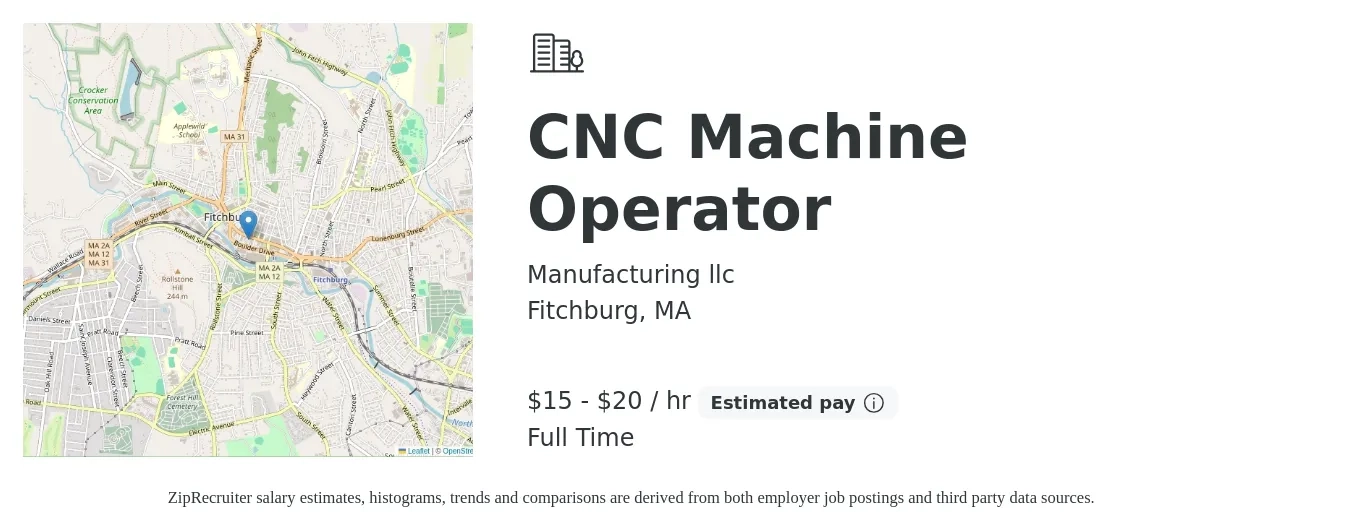 Manufacturing llc job posting for a CNC Machine Operator in Fitchburg, MA with a salary of $16 to $21 Hourly with a map of Fitchburg location.