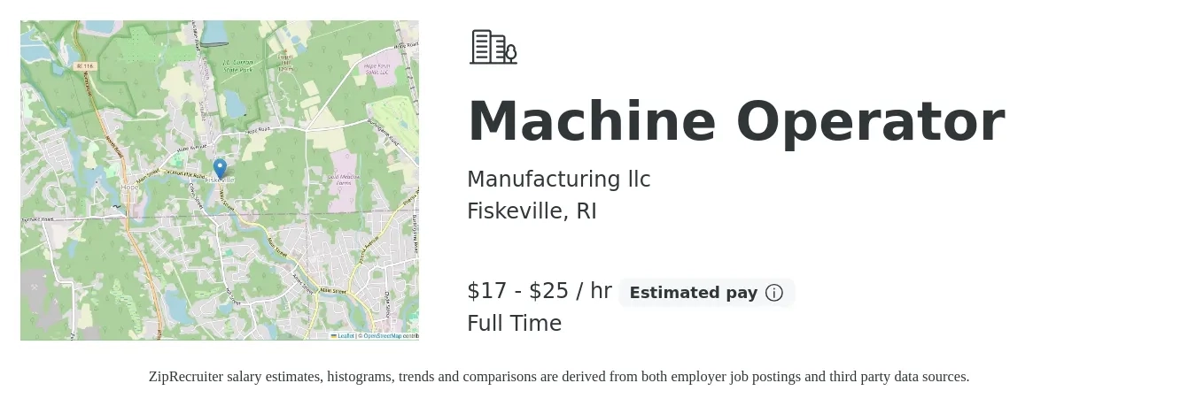 Manufacturing llc job posting for a Machine Operator in Fiskeville, RI with a salary of $18 to $26 Hourly with a map of Fiskeville location.