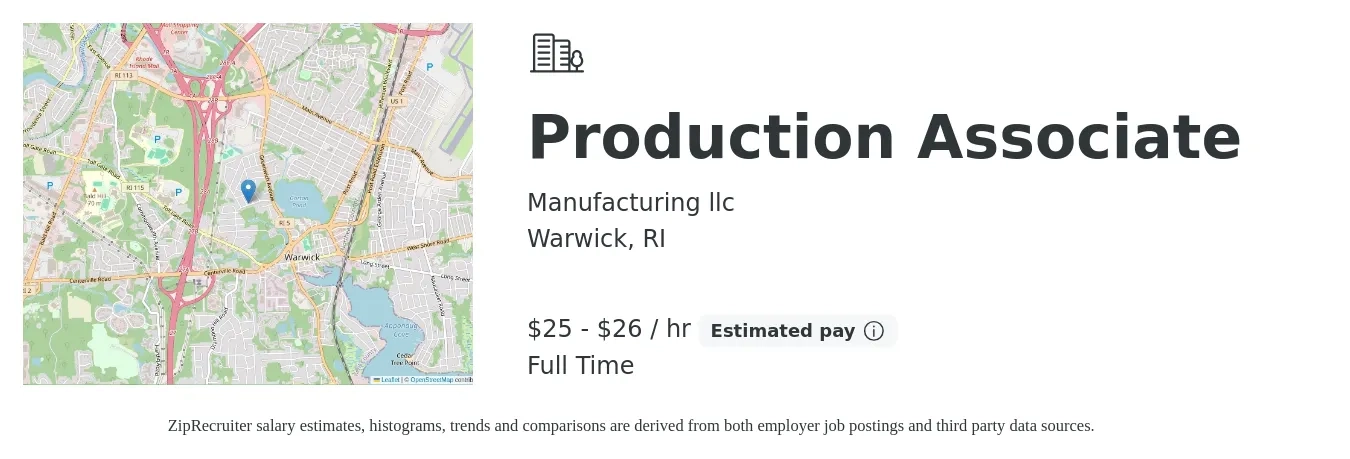 Manufacturing llc job posting for a Production Associate in Warwick, RI with a salary of $27 to $28 Hourly with a map of Warwick location.