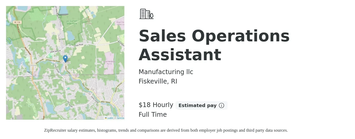 Manufacturing llc job posting for a Sales Operations Assistant in Fiskeville, RI with a salary of $19 Hourly with a map of Fiskeville location.