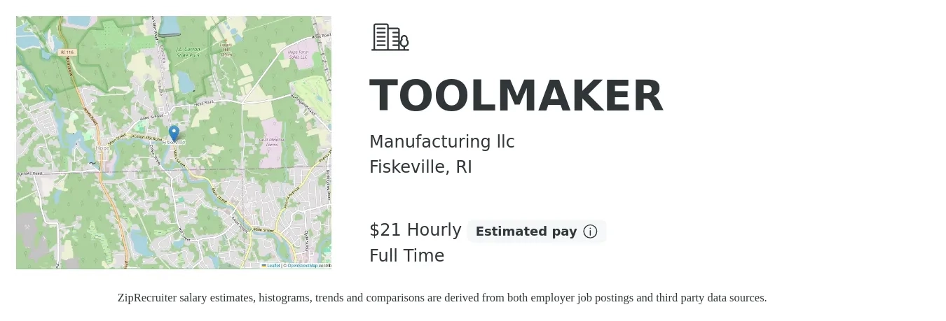 Manufacturing llc job posting for a TOOLMAKER in Fiskeville, RI with a salary of $22 Hourly with a map of Fiskeville location.