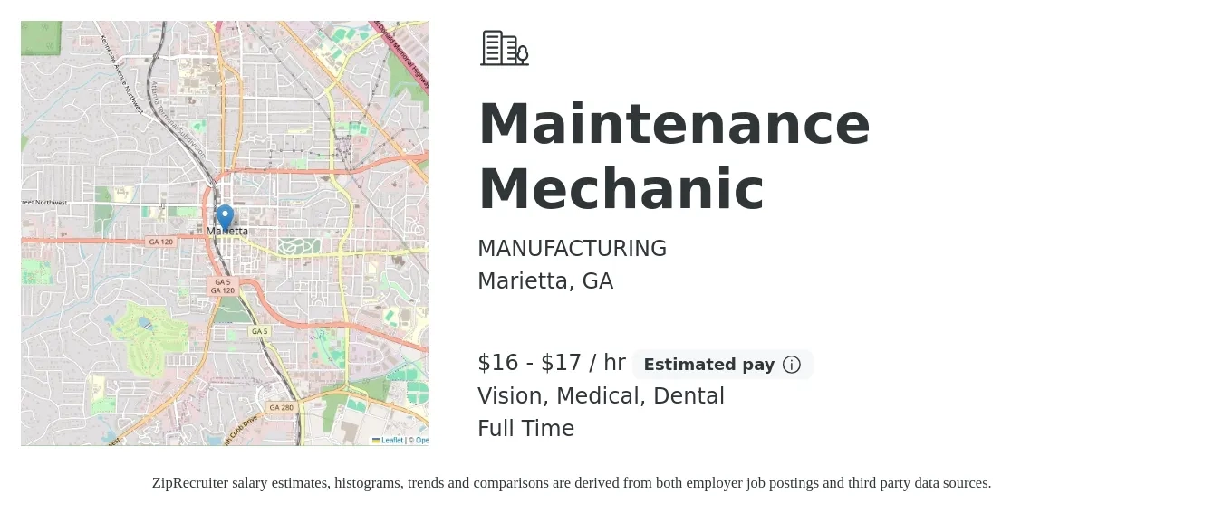 MANUFACTURING job posting for a Maintenance Mechanic in Marietta, GA with a salary of $17 to $18 Hourly and benefits including life_insurance, medical, pto, retirement, vision, and dental with a map of Marietta location.