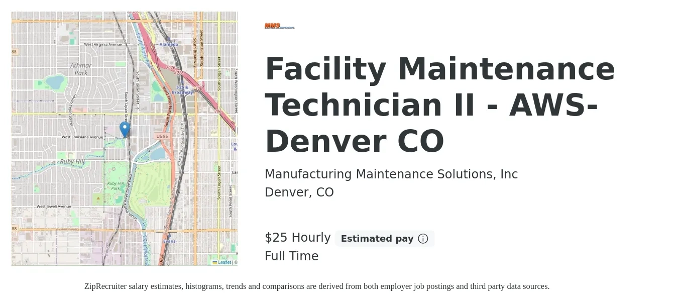Manufacturing Maintenance Solutions Inc job posting for a Facility Maintenance Technician II - AWS- Denver CO in Denver, CO with a salary of $26 Hourly with a map of Denver location.
