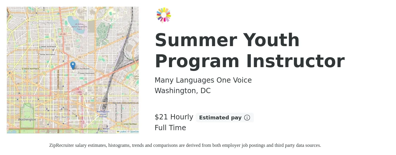 Many Languages One Voice job posting for a Summer Youth Program Instructor in Washington, DC with a salary of $22 Hourly with a map of Washington location.
