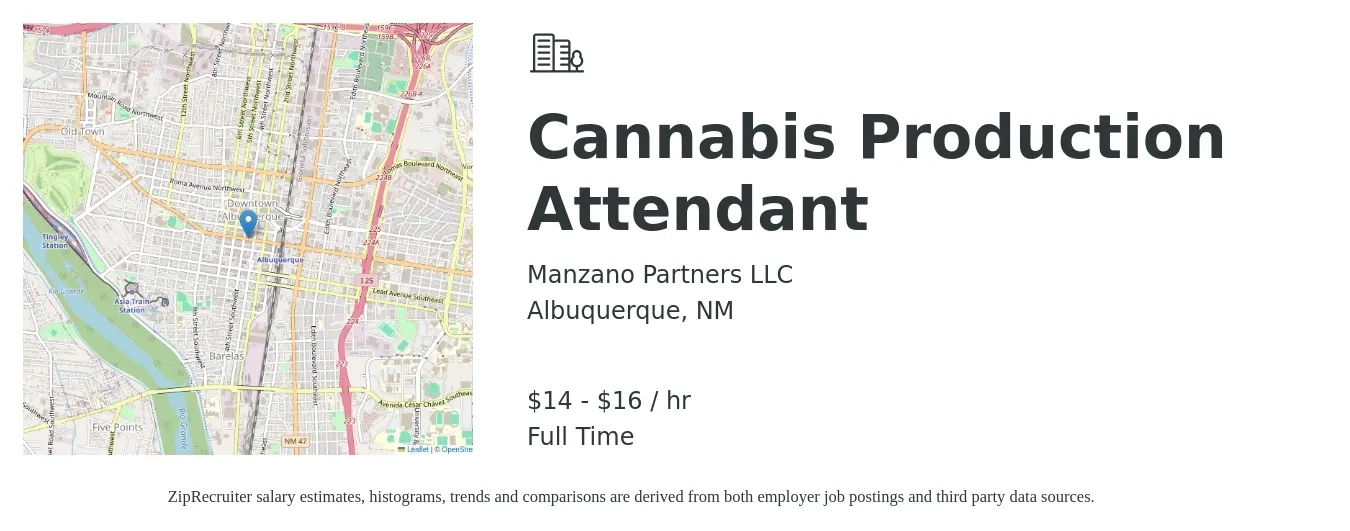 Manzano Partners LLC job posting for a Cannabis Production Attendant in Albuquerque, NM with a salary of $15 to $17 Hourly with a map of Albuquerque location.