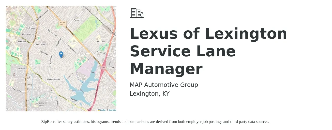 MAP Automotive Group job posting for a Lexus of Lexington Service Lane Manager in Lexington, KY with a salary of $65 Hourly with a map of Lexington location.