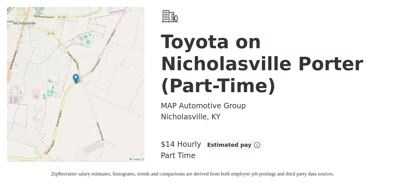 MAP Automotive Group job posting for a Toyota on Nicholasville Porter (Part-Time) in Nicholasville, KY with a salary of $15 Hourly with a map of Nicholasville location.