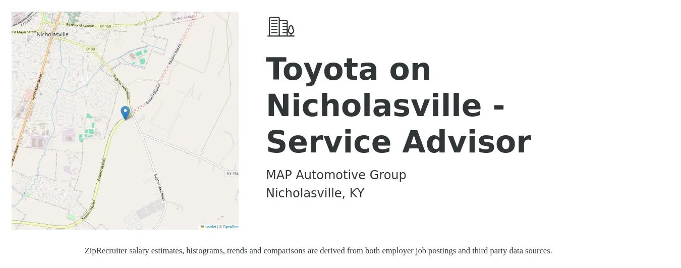 MAP Automotive Group job posting for a Toyota on Nicholasville - Service Advisor in Nicholasville, KY with a salary of $17 to $28 Hourly with a map of Nicholasville location.