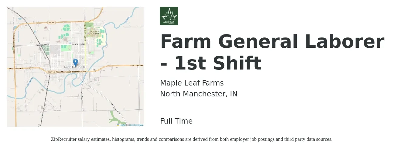 Maple Leaf Farms job posting for a Farm General Laborer - 1st Shift in North Manchester, IN with a salary of $19 Hourly with a map of North Manchester location.