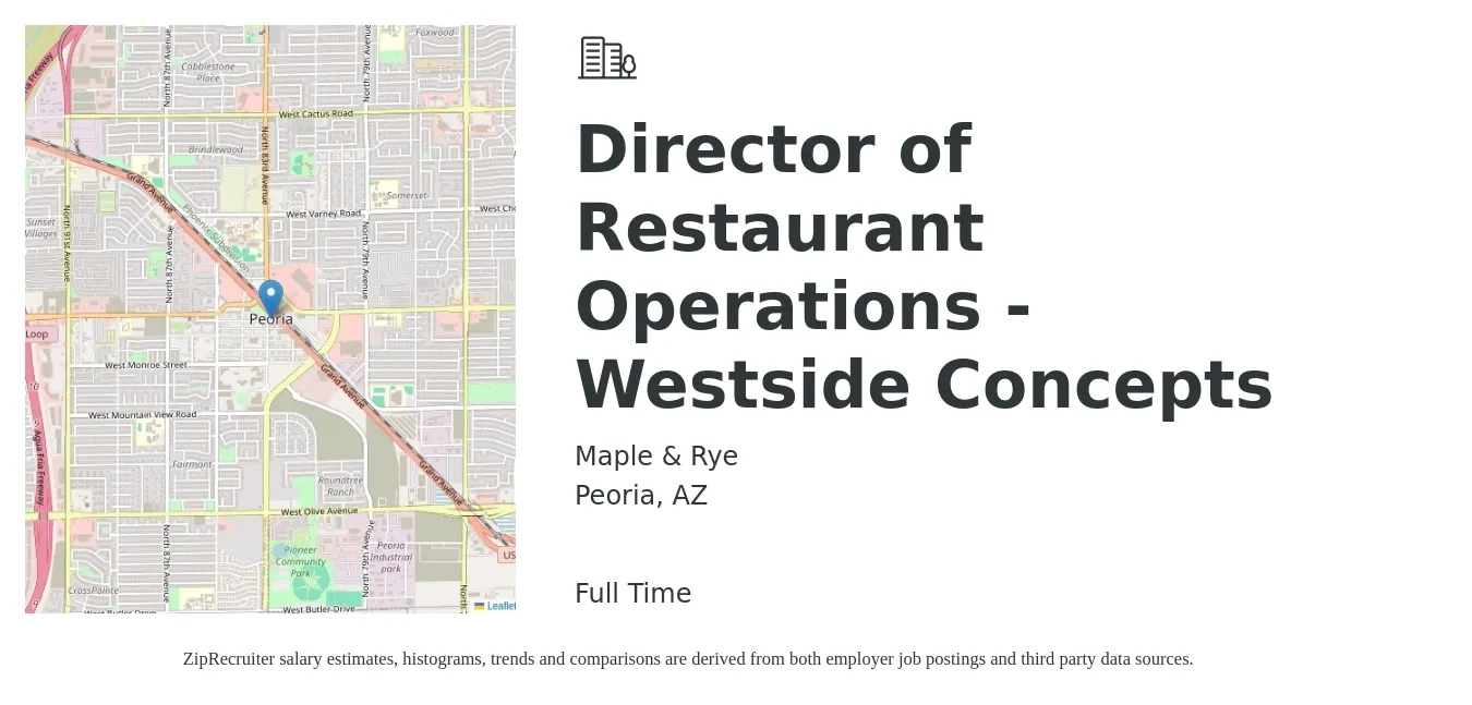 Maple & Rye job posting for a Director of Restaurant Operations - Westside Concepts in Peoria, AZ with a salary of $71,700 to $130,000 Yearly with a map of Peoria location.
