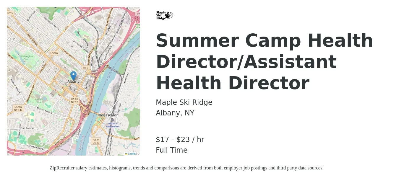 Maple Ski Ridge job posting for a Summer Camp Health Director/Assistant Health Director in Albany, NY with a salary of $18 to $24 Hourly with a map of Albany location.