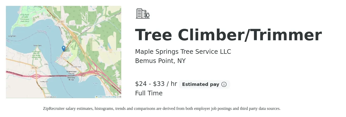 Maple Springs Tree Service LLC job posting for a Tree Climber/Trimmer in Bemus Point, NY with a salary of $25 to $35 Hourly with a map of Bemus Point location.