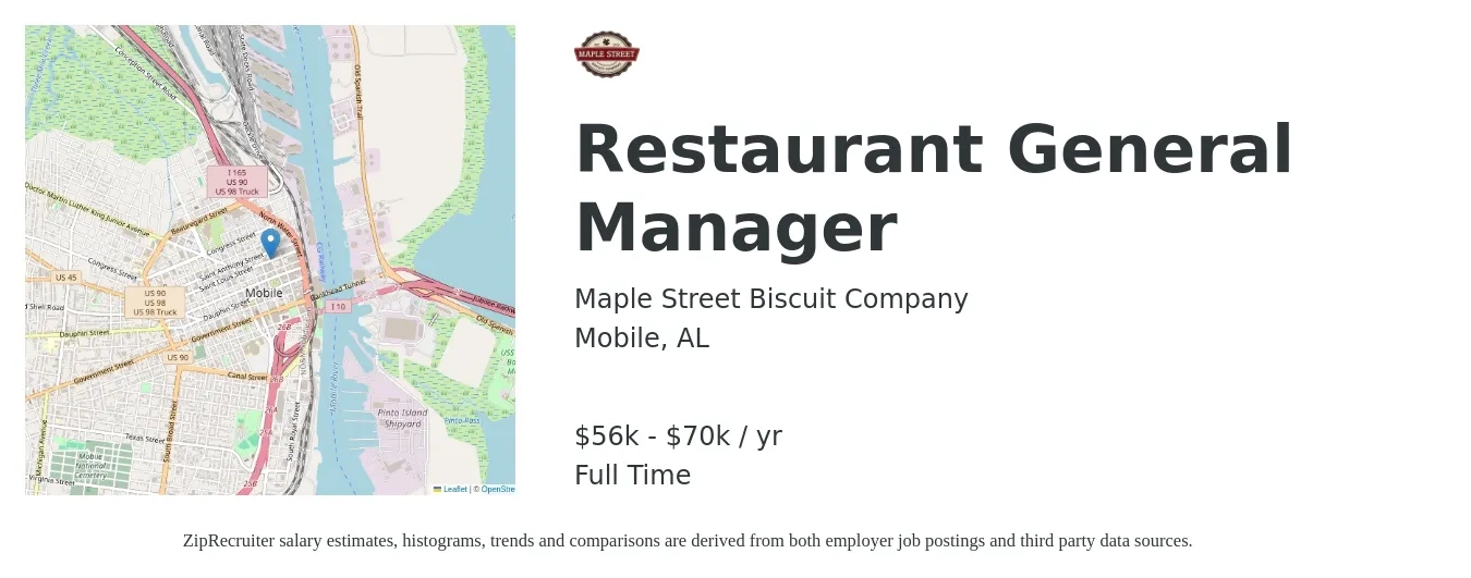 Maple Street Biscuit Company job posting for a Restaurant General Manager in Mobile, AL with a salary of $56,000 to $70,000 Yearly with a map of Mobile location.