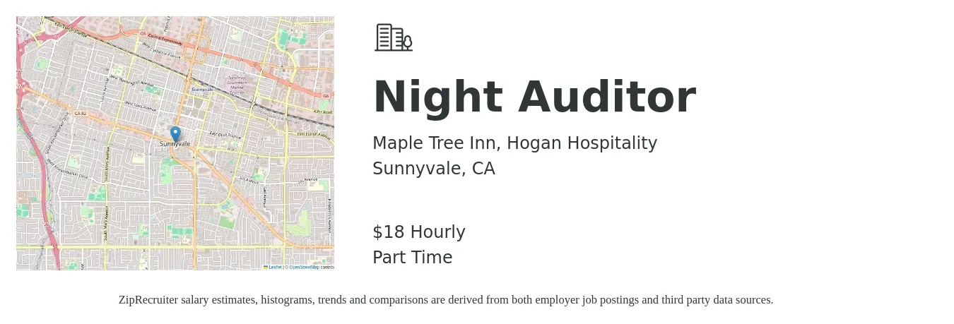 Maple Tree Inn, Hogan Hospitality job posting for a Night Auditor in Sunnyvale, CA with a salary of $19 to $20 Hourly with a map of Sunnyvale location.