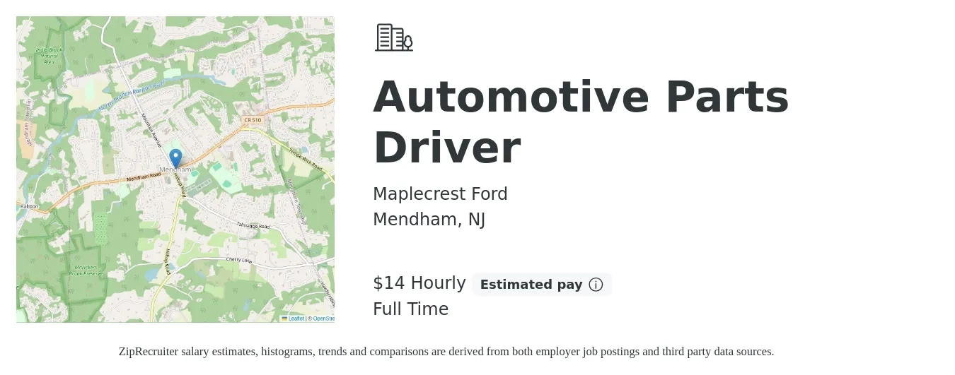 Maplecrest Ford job posting for a Automotive Parts Driver in Mendham, NJ with a salary of $16 Hourly with a map of Mendham location.
