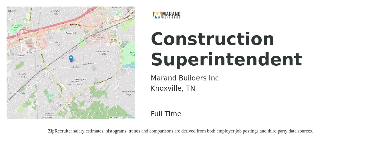 Marand Builders Inc job posting for a Construction Superintendent in Knoxville, TN with a salary of $67,800 to $110,200 Yearly with a map of Knoxville location.