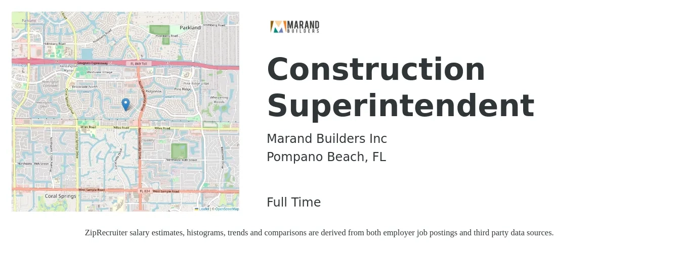 Marand Builders Inc job posting for a Construction Superintendent in Pompano Beach, FL with a salary of $66,800 to $108,700 Yearly with a map of Pompano Beach location.
