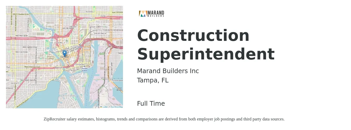 Marand Builders Inc job posting for a Construction Superintendent in Tampa, FL with a salary of $63,800 to $103,800 Yearly with a map of Tampa location.