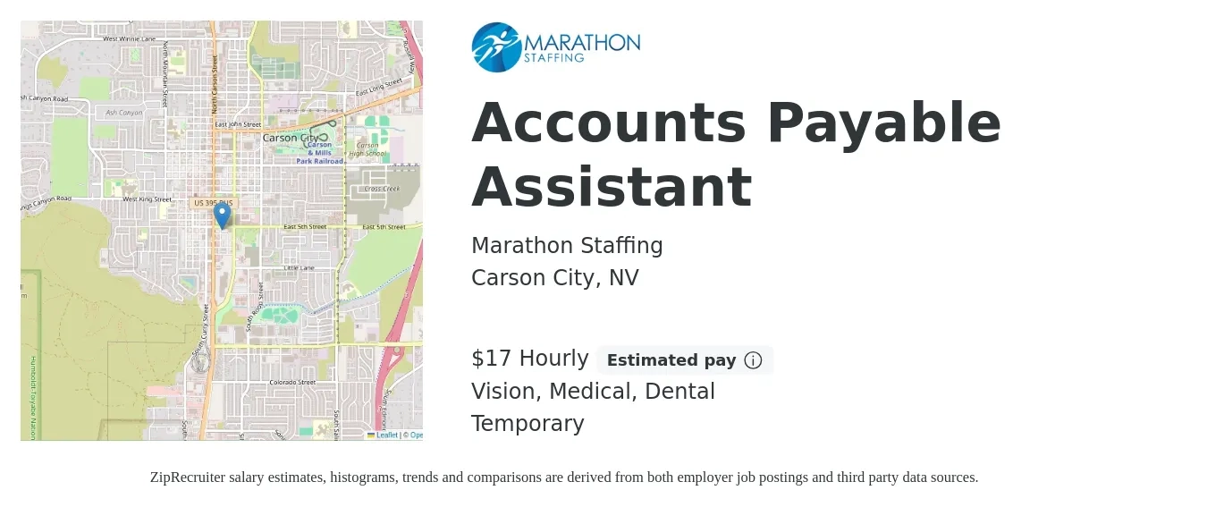 Marathon Staffing job posting for a Accounts Payable Assistant in Carson City, NV with a salary of $18 Hourly and benefits including dental, medical, and vision with a map of Carson City location.