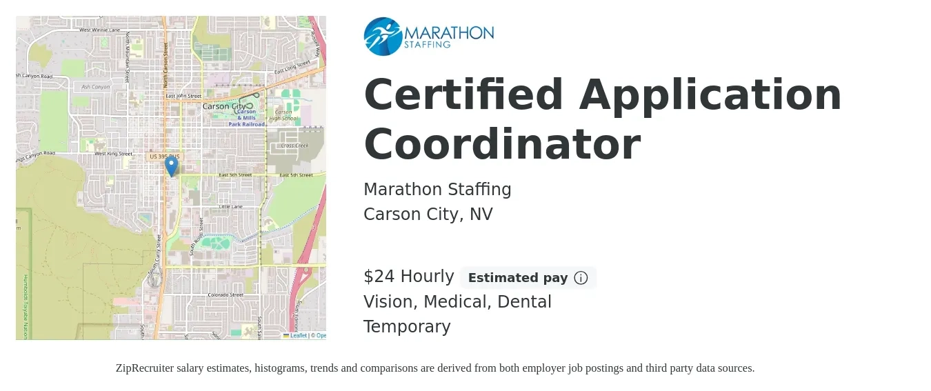 Marathon Staffing job posting for a Certified Application Coordinator in Carson City, NV with a salary of $26 Hourly and benefits including vision, dental, life_insurance, and medical with a map of Carson City location.