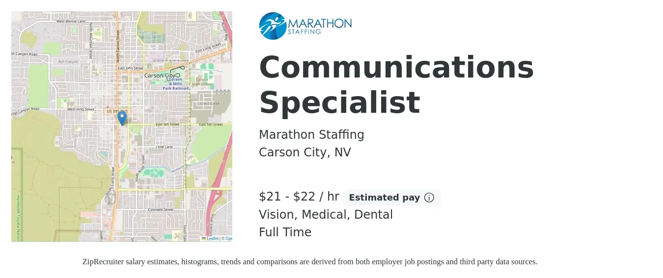 Marathon Staffing job posting for a Communications Specialist in Carson City, NV with a salary of $22 to $23 Hourly and benefits including life_insurance, medical, vision, and dental with a map of Carson City location.