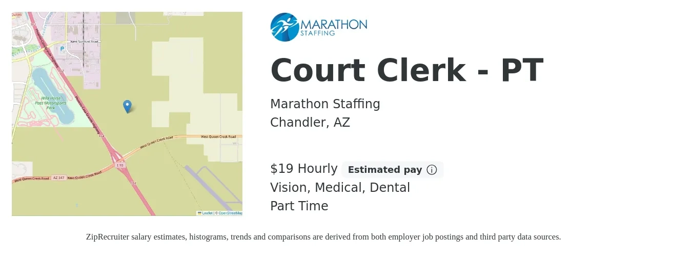 Marathon Staffing job posting for a Court Clerk - PT in Chandler, AZ with a salary of $20 Hourly and benefits including dental, life_insurance, medical, and vision with a map of Chandler location.