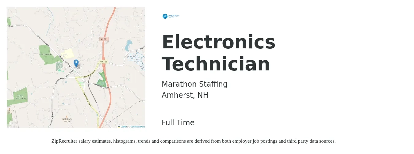 Marathon Staffing job posting for a Electronics Technician in Amherst, NH with a salary of $47,200 to $71,900 Yearly with a map of Amherst location.