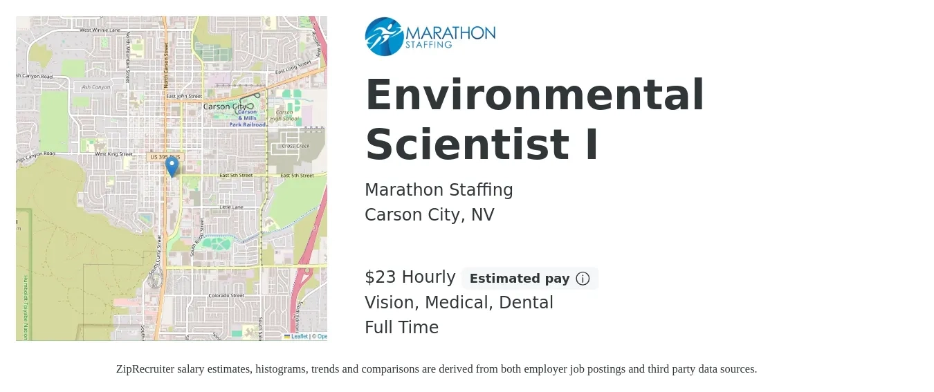 Marathon Staffing job posting for a Environmental Scientist I in Carson City, NV with a salary of $24 Hourly and benefits including medical, vision, dental, and life_insurance with a map of Carson City location.