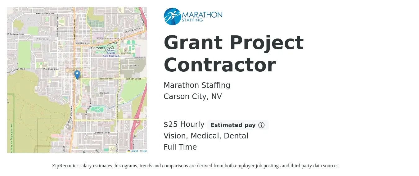 Marathon Staffing job posting for a Grant Project Contractor in Carson City, NV with a salary of $26 Hourly and benefits including dental, medical, and vision with a map of Carson City location.