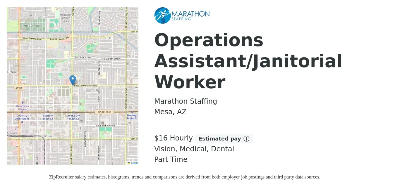 Marathon Staffing job posting for a Operations Assistant/Janitorial Worker in Mesa, AZ with a salary of $17 Hourly and benefits including vision, dental, life_insurance, and medical with a map of Mesa location.