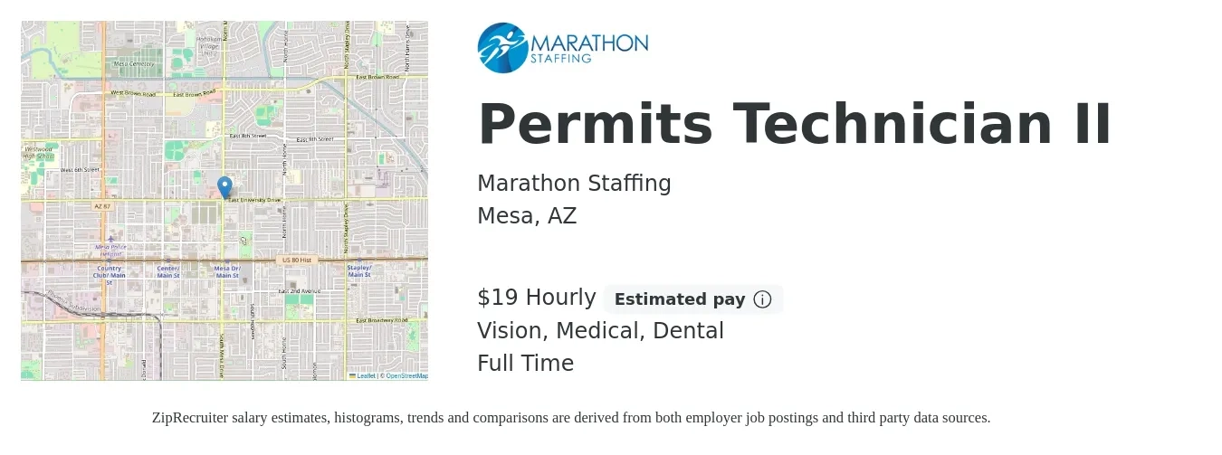 Marathon Staffing job posting for a Permits Technician II in Mesa, AZ with a salary of $20 Hourly and benefits including dental, life_insurance, medical, and vision with a map of Mesa location.