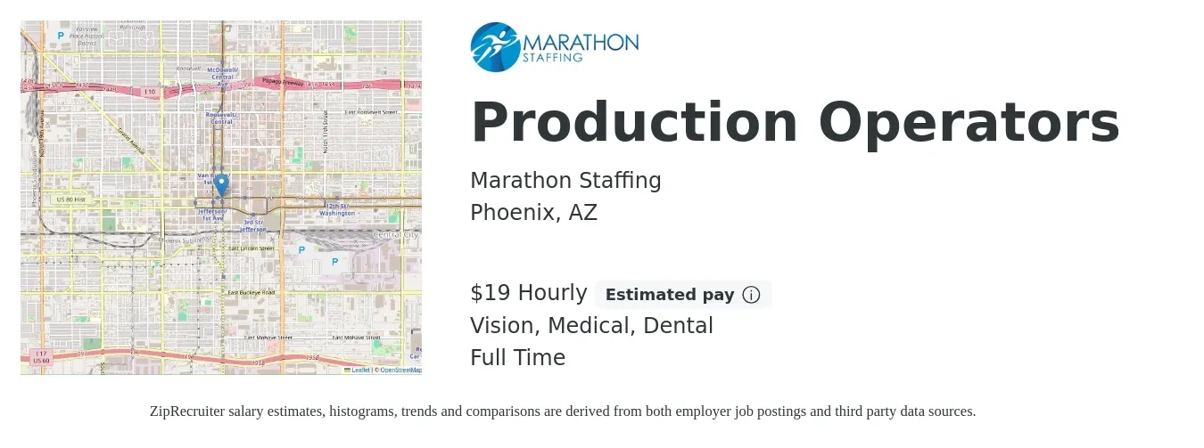 Marathon Staffing job posting for a Production Operators in Phoenix, AZ with a salary of $20 Hourly and benefits including dental, life_insurance, medical, and vision with a map of Phoenix location.